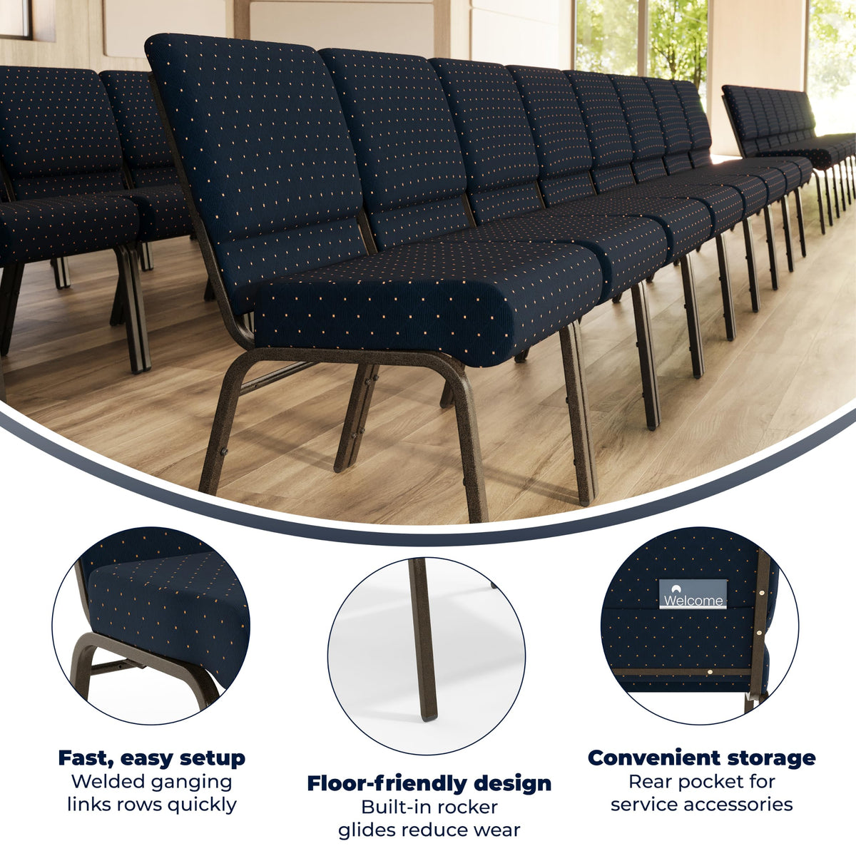 Navy Blue Dot Pattern 21" W Stacking Church Chair, 4-Pack