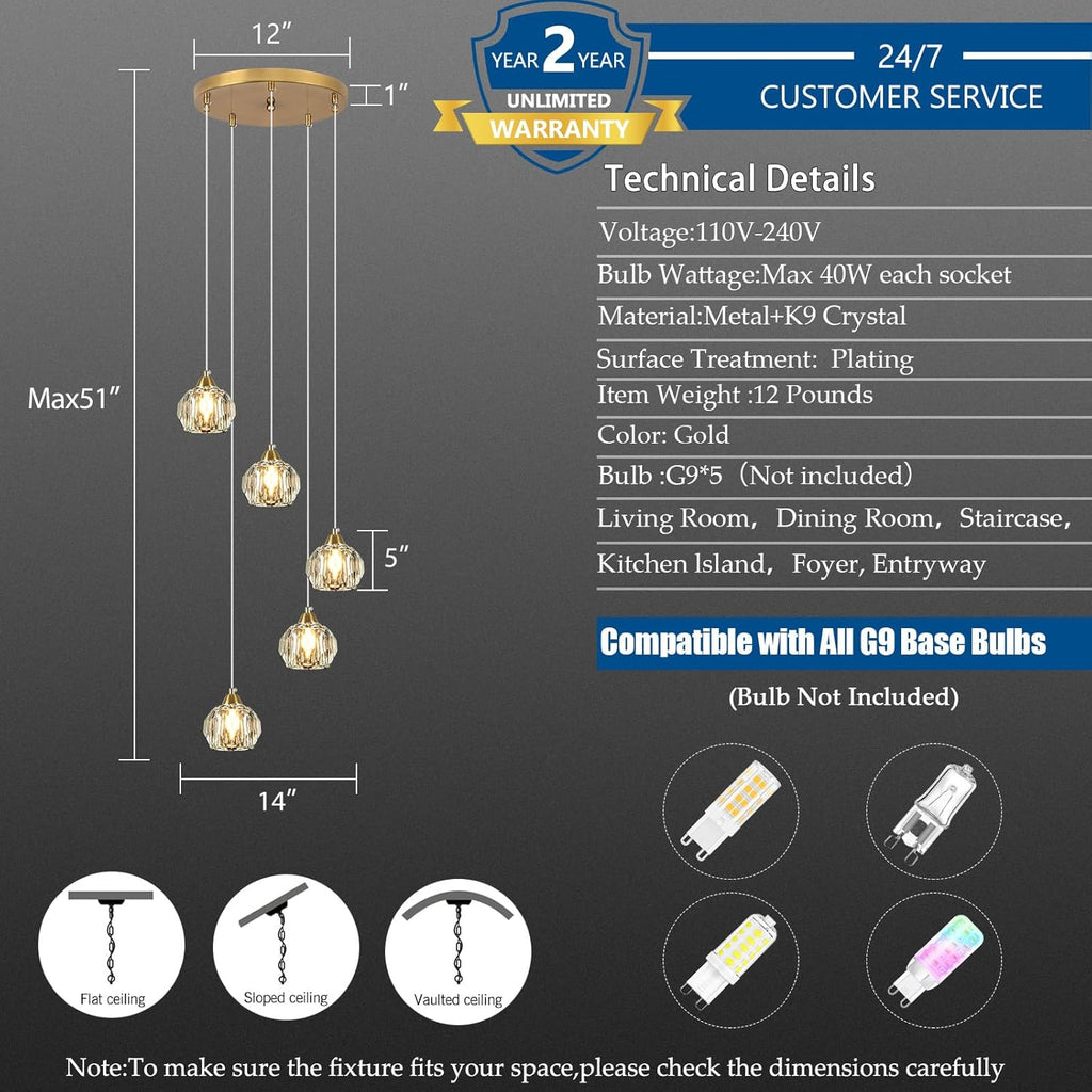 5-Light Gold Modern Crystal Chandelier