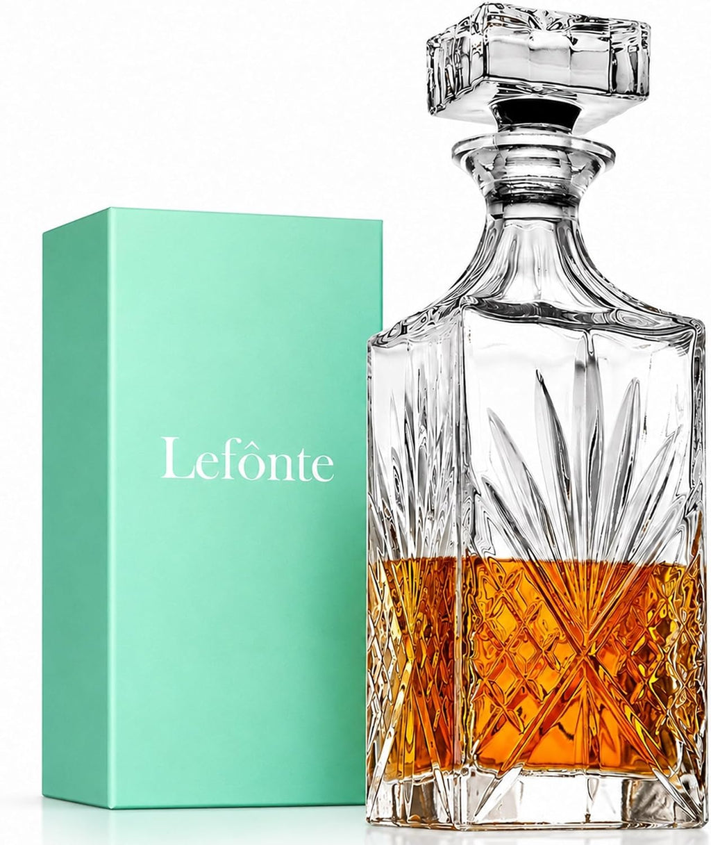 Crystal Whiskey Decanter, Lead-Free Barware Gift for Men, Scotch Bourbon Liquor, Irish Cut, 750ml
