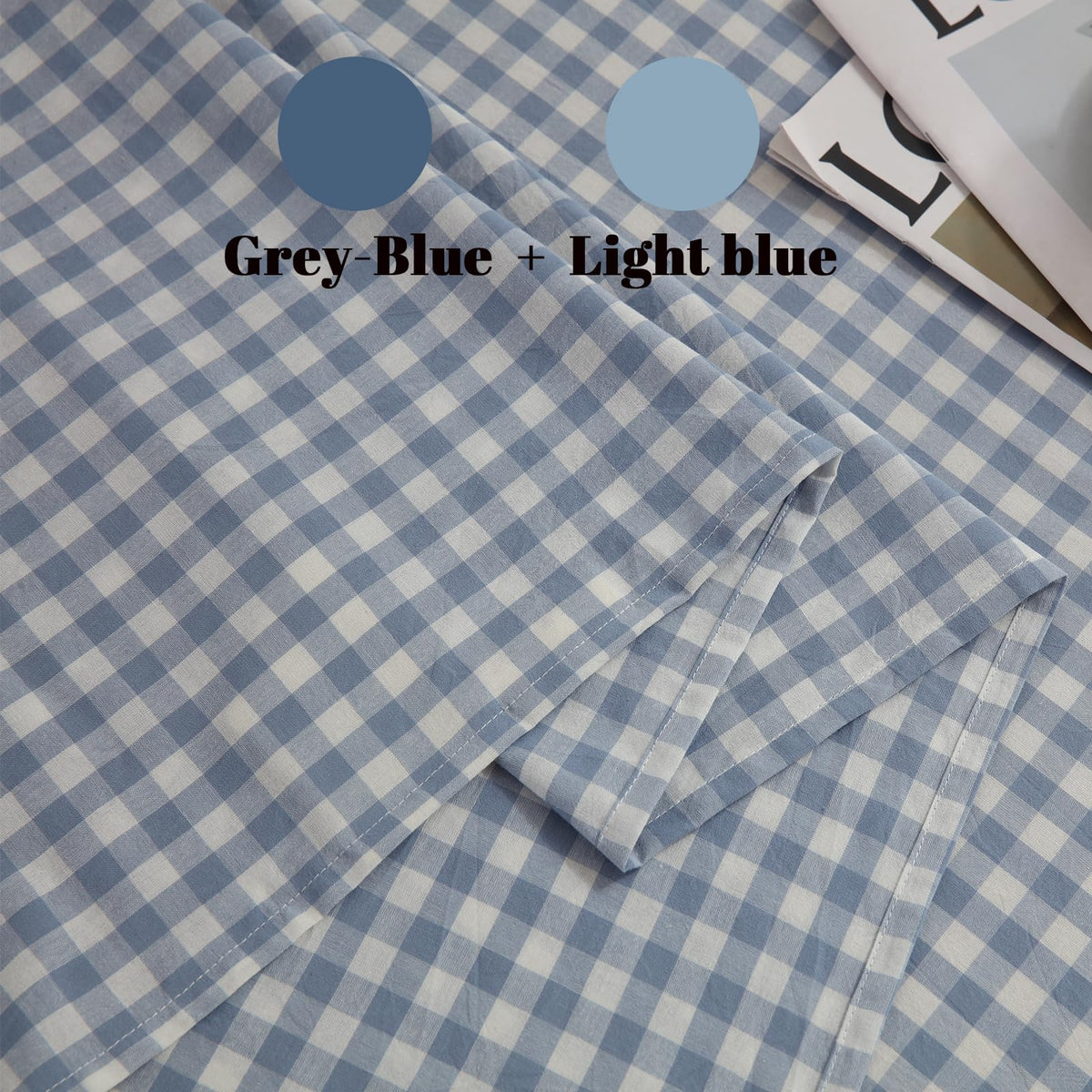 Blue Gingham Duvet Cover Set, 100% Washed Cotton Linen Like