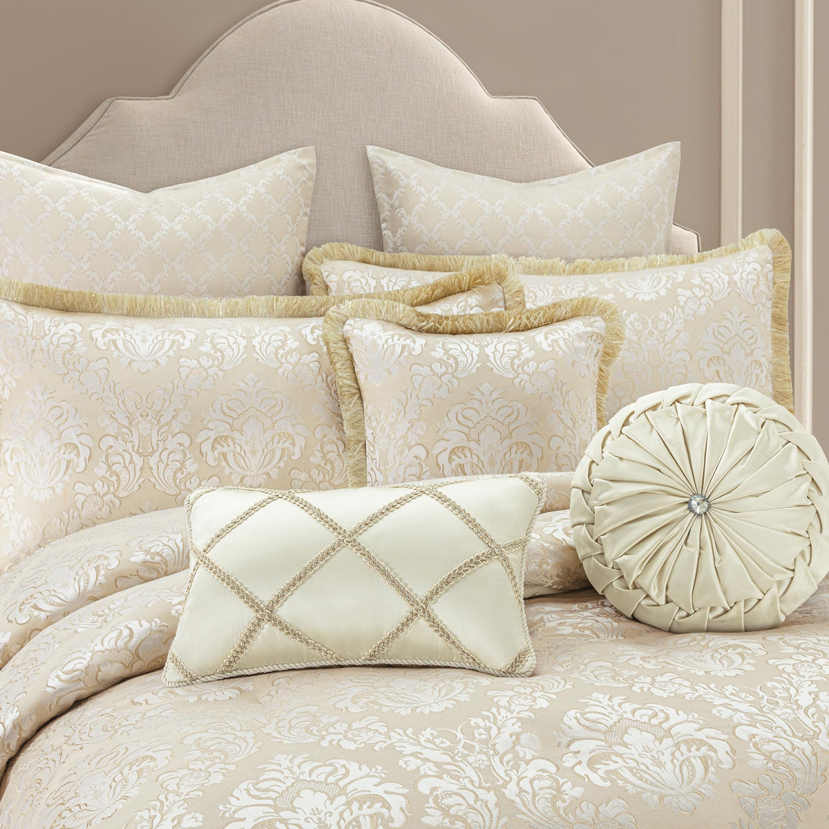 9-Piece Elegant Damask Comforter Set, Beige White