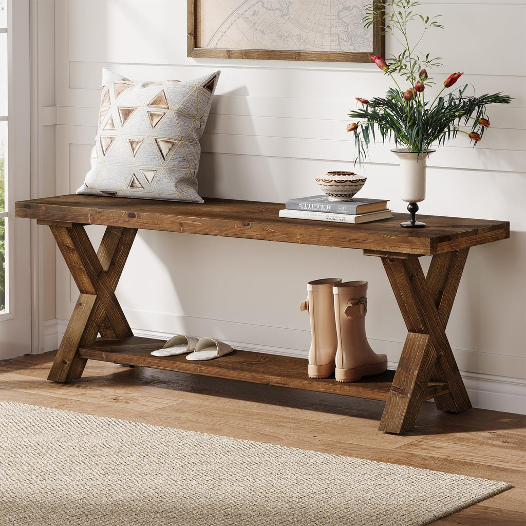43.3" Solid Wood Bench, Farmhouse Wooden Entryway Bench with Storage Shelf, X-Shaped Leg Design, Entry Way Shoe