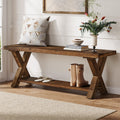 43.3" Solid Wood Bench, Farmhouse Wooden Entryway Bench with Storage Shelf, X-Shaped Leg Design, Entry Way Shoe