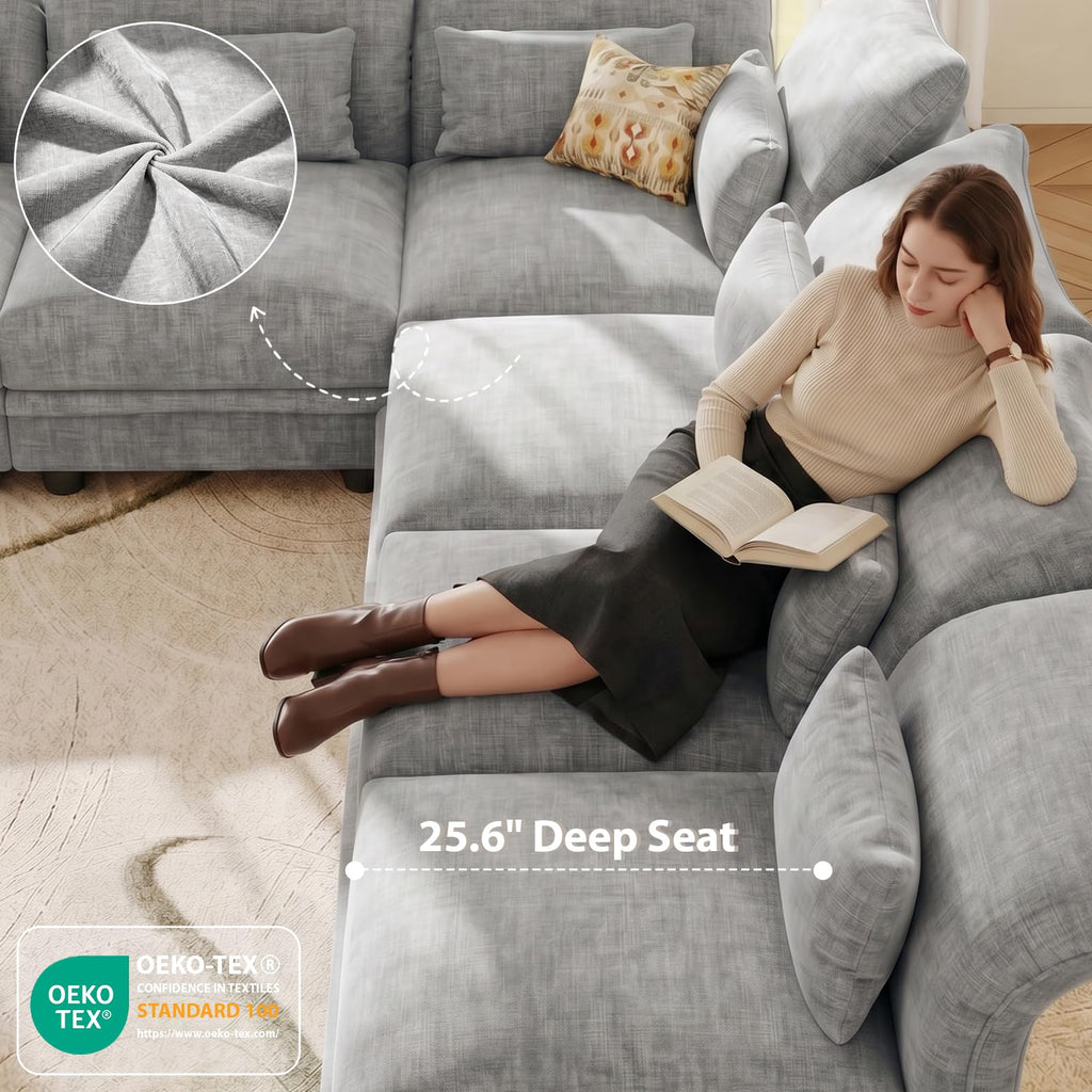 L Shaped Sectional Sofa, 5-Seater Grey Chenille Modular Couch