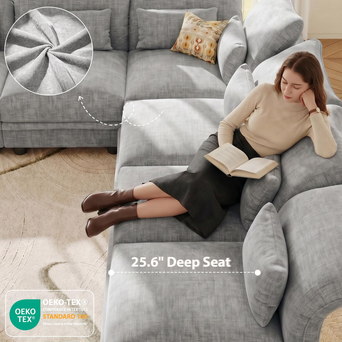 L Shaped Sectional Sofa, 5-Seater Grey Chenille Modular Couch