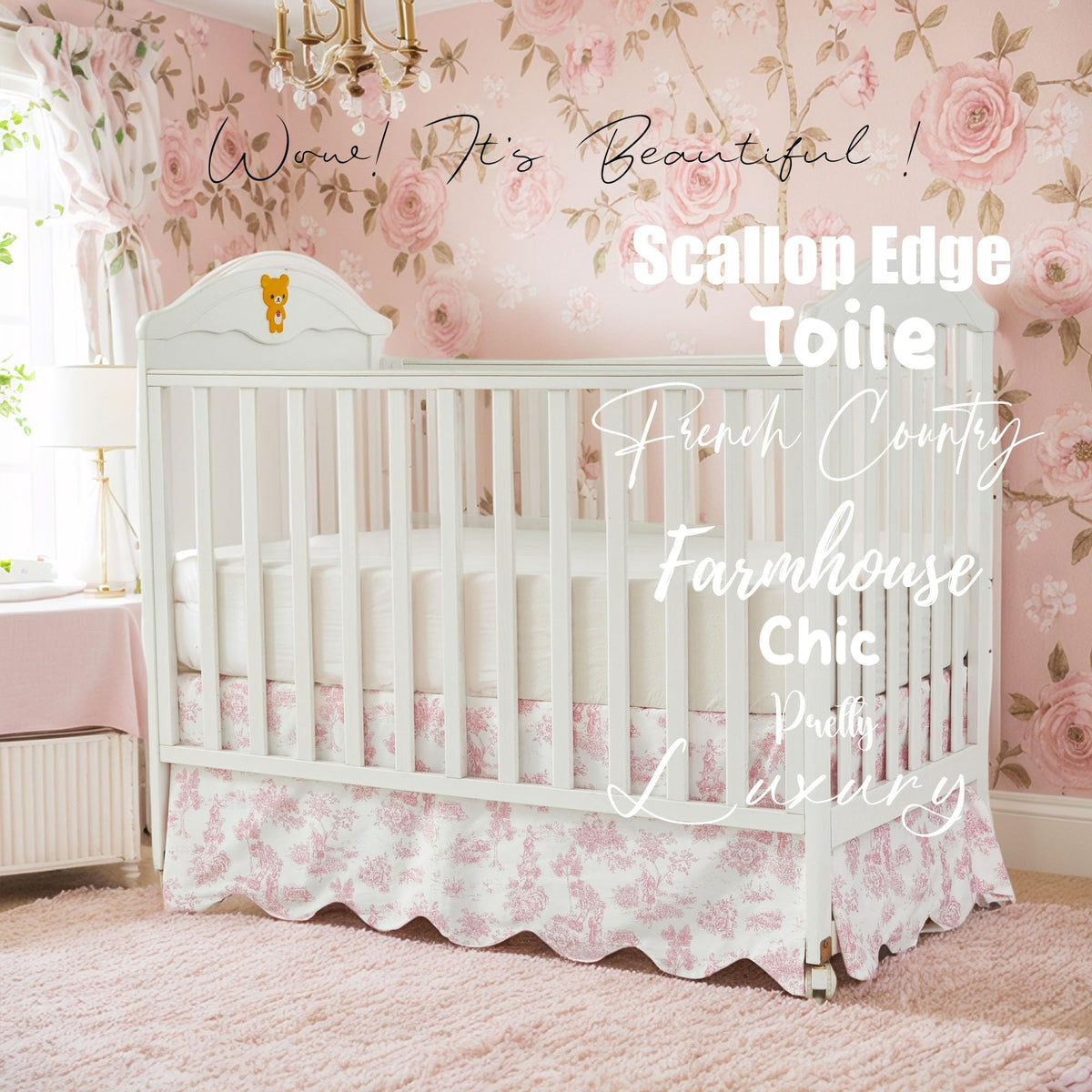 Scallop Edge Cotton Crib Skirt, Baby Girl, French Country Pink Toile Crib Skirt Toddler Bedskirt Farmhouse Chic