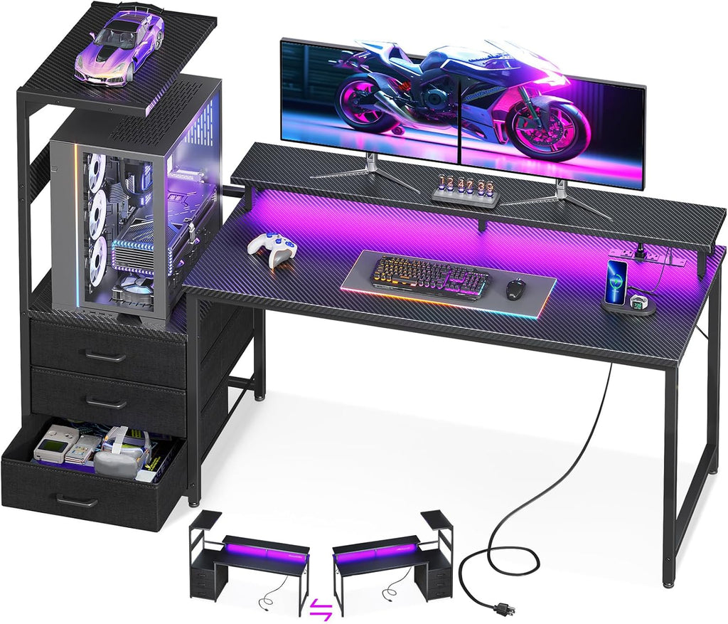 63 inch Gaming Desk with PC Display Stand, Reversible Steel Wood Computer Desk for Gaming Setup, Tiered Design to