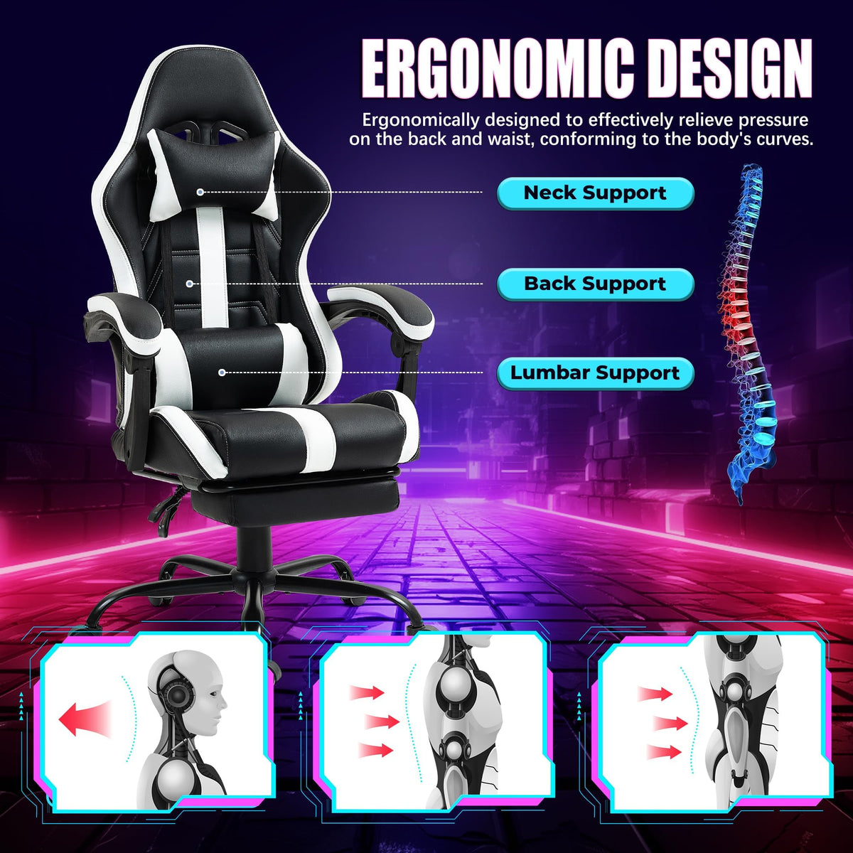 Gaming Chair with Footrest & Massage Lumbar Support, White
