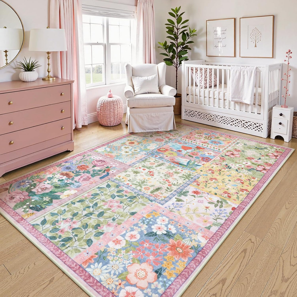 Pink Rugs for Bedroom Girls, Soft Patchwork Pink Rug for Living Room, Non-Slip Nursery Rug Girl, Washable Rugs Carpet for Playroom
