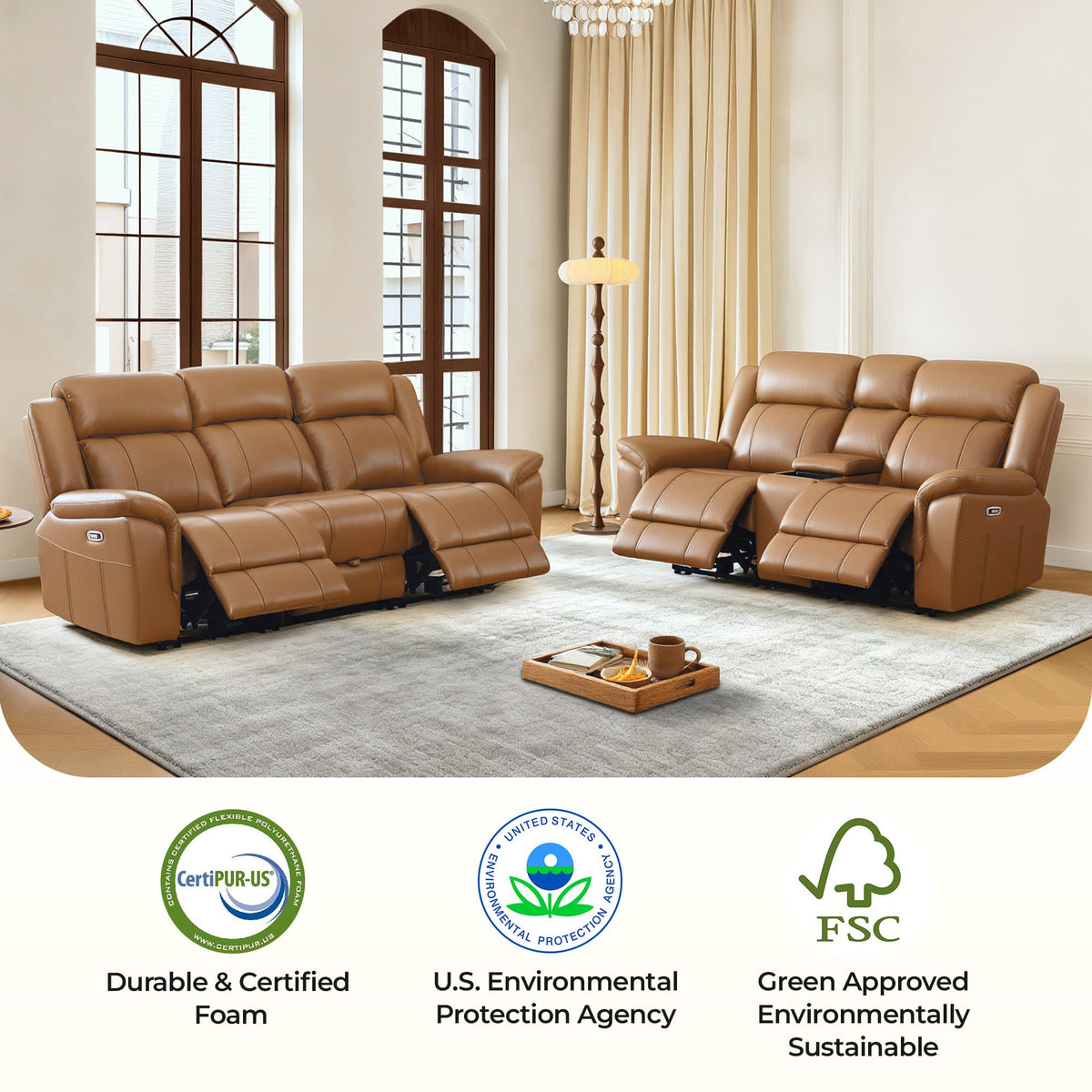 Leather Power Recliner Sofa Wall Hugger, Saddle, Loveseat