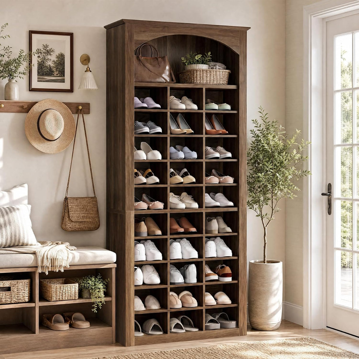 68.7" Tall Shoe Cabinet, 30-Cube Large Capacity Shoe Organizer with Arched Display Shelf, Rustic Entryway Storage for