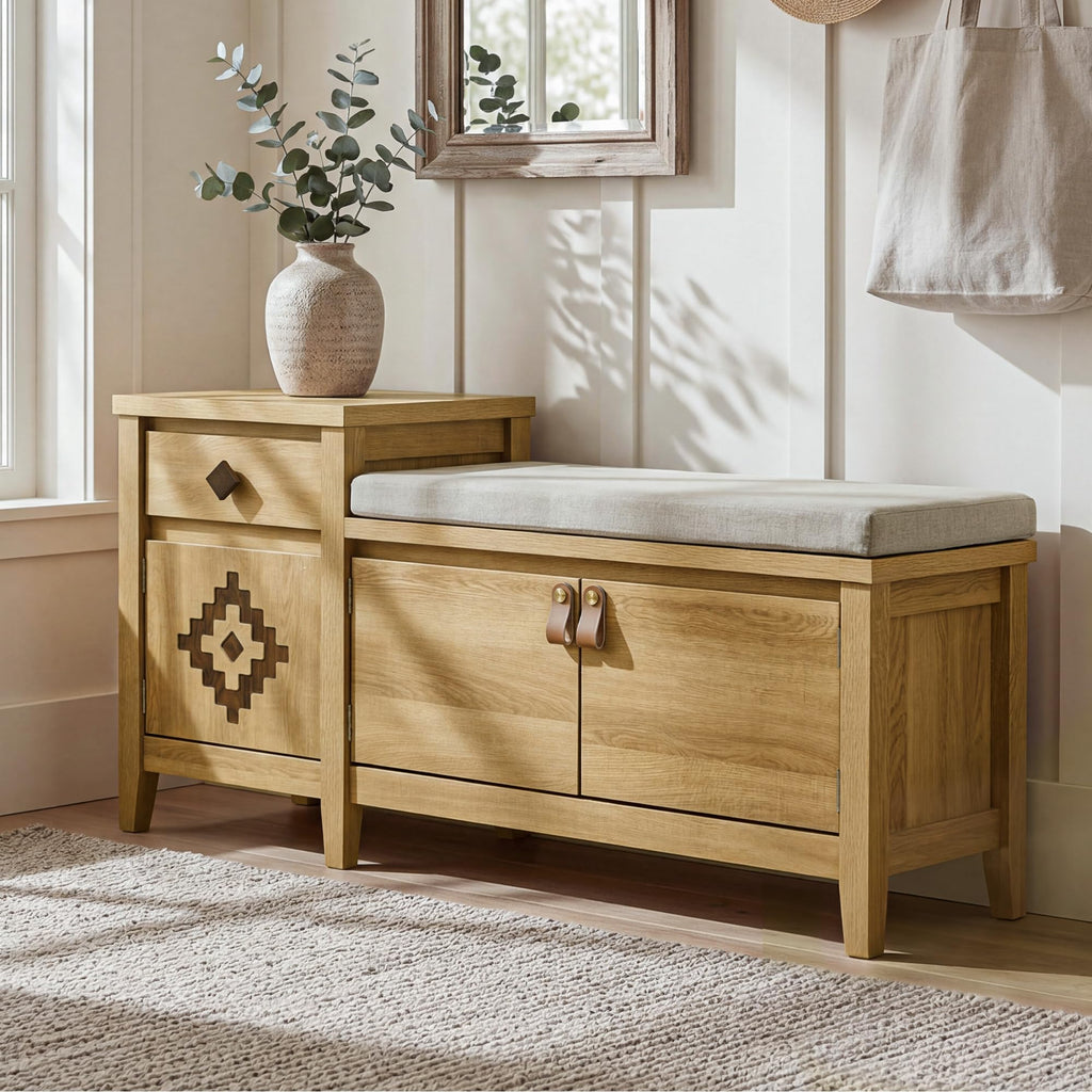 Entryway Bench with Storage, 3 in 1 Storage Bench with 1 Drawer and 2 Cubbies, 44" Rustic Wooden Seat with Cushion