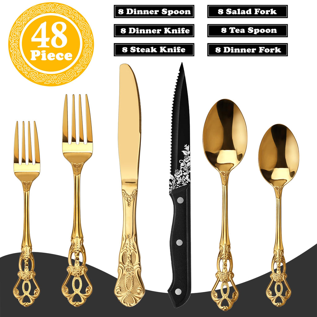 Gorgeous Retro Royal Gold Stainless Steel 48-Piece Flatware Set