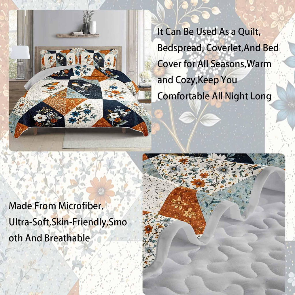 Cream Floral Diamond 3-Piece Quilt Set with 2 Pillow Shams, Farmhouse Patchwork Soft Lightweight Microfiber