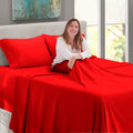 Extra Deep Pocket Sheet Set - Cherry Red, 4 Piece, Microfiber, 18-24 Inches Deep, Stripe Pattern