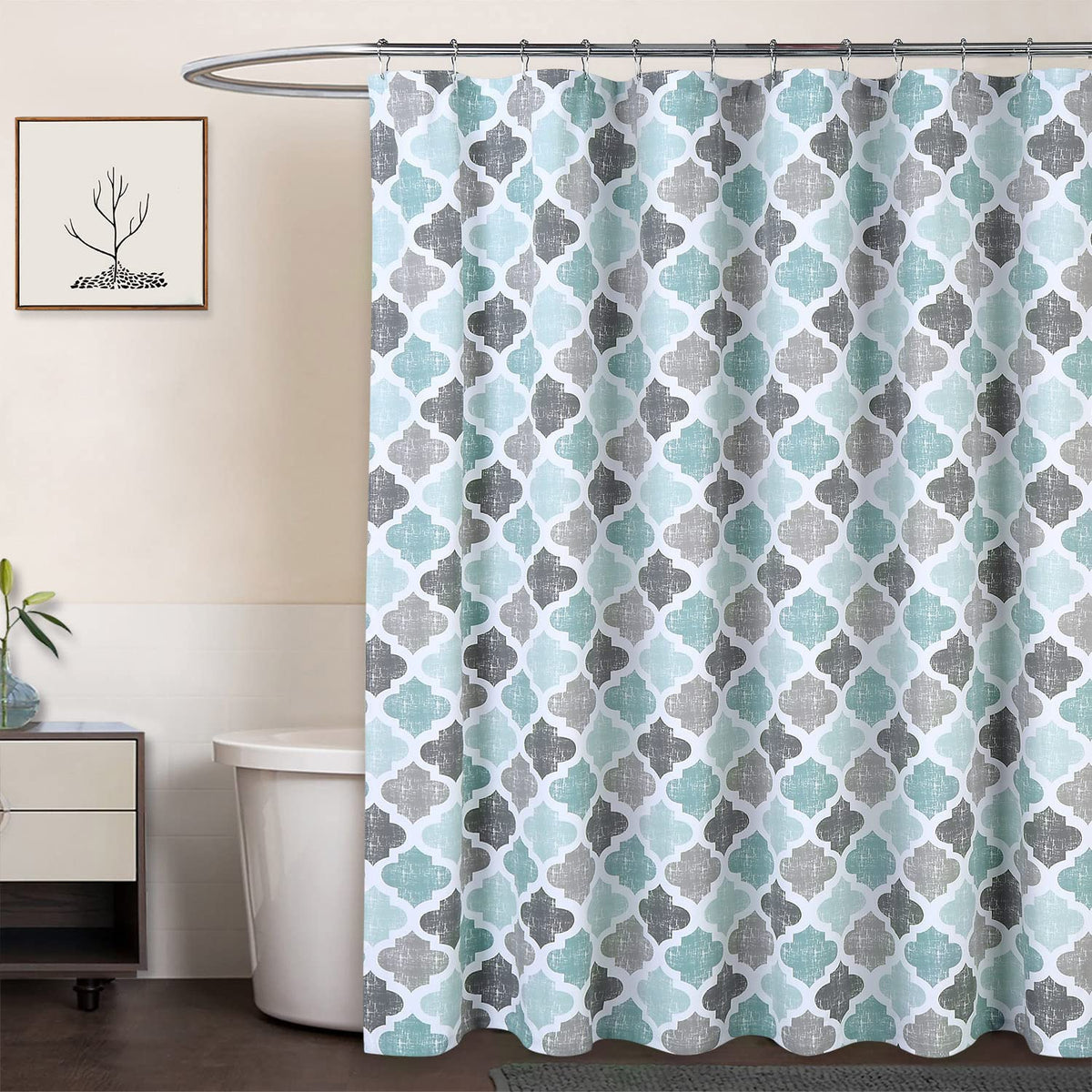 Fabric 84 Inch Long, Geometric Quatrefoil Pattern Poly-Cotton Farmhouse Extra Long, Aqua/Mint/Grey, 72x84 Inches