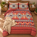 Rustic Western Southwestern Native American Indian Tribal Navajo Quilted Bedspread Set in Turquoise Red Burgundy