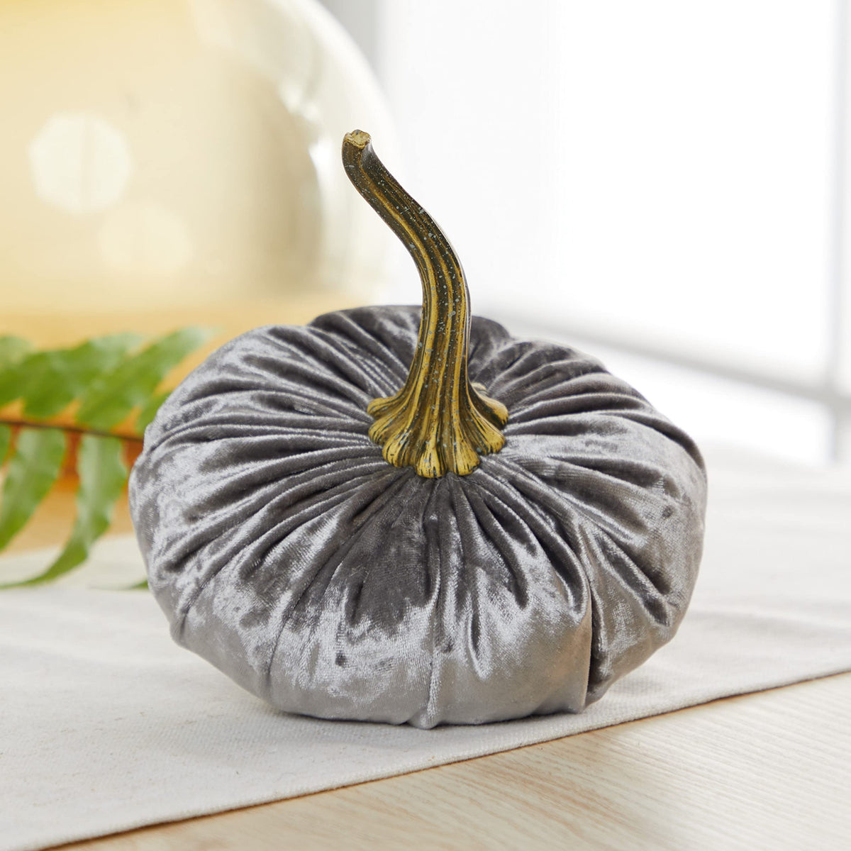 Set of 3 Velvet 6.25 Inch Pumpkins, silver platinumn accent decor, elegant luxe tablescape, tiered tray decor, cozy