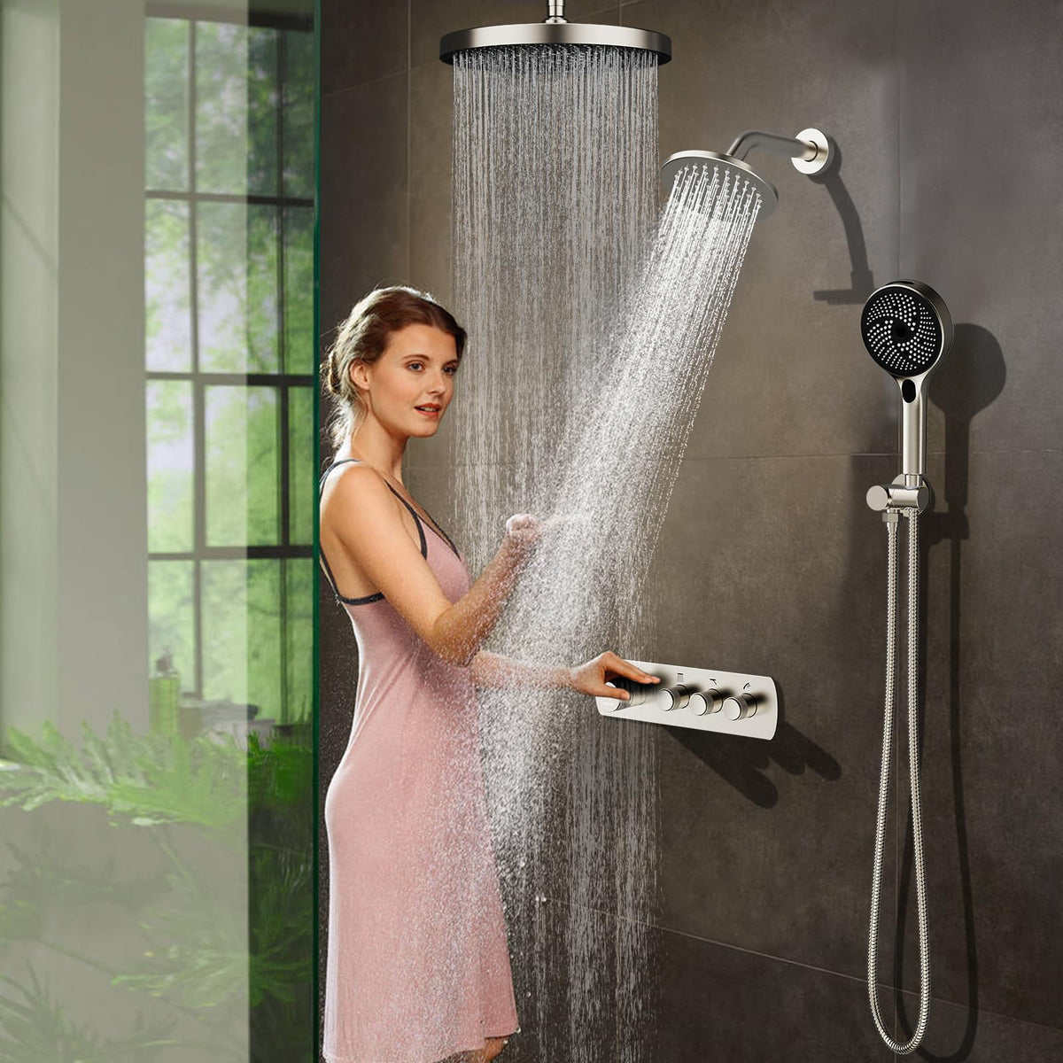 Shower System Brass Thermostatic Shower Faucet Set With Valve and Diverter Shower Mixer with 2 Rain Shower Head and