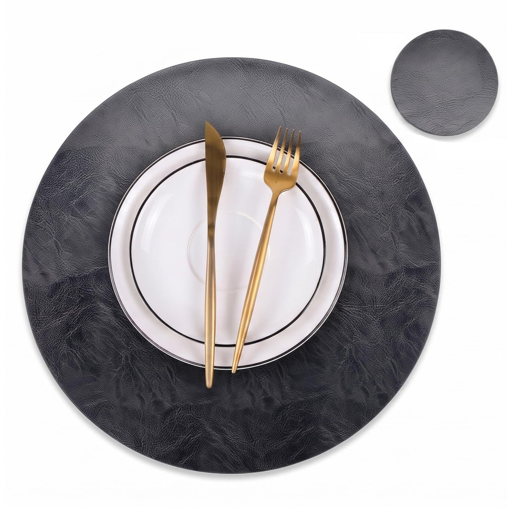 Set of 8 Faux Leather Round Placemats and Coasters, 13''and 3.9'', Black