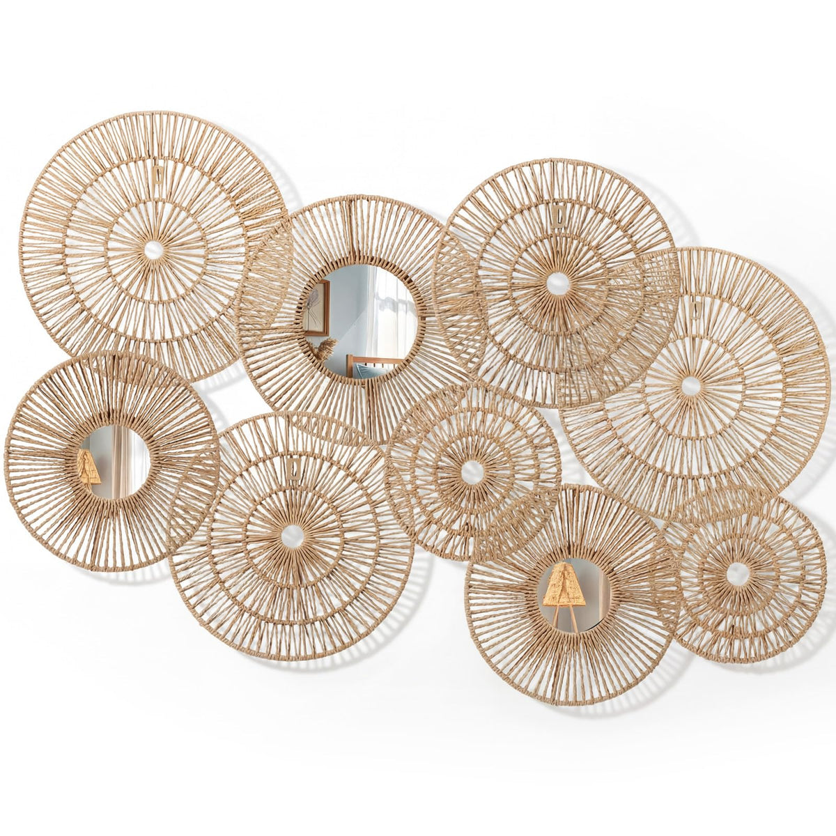 9 Pack Wicker Jute Wall Decor Baskets - Wicker Woven Jute Wall Mirrors Baskets Decorative Boho Hanging Woven Basket