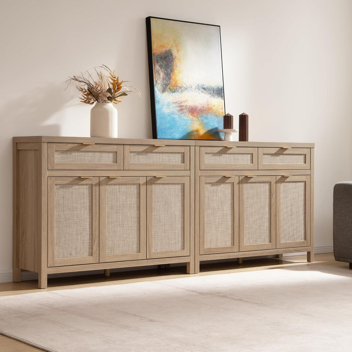 Rattan Sideboard Buffet Cabinet with Storage, Boho Credenza Accent Cabinet with 3 Doors and 2 Drawers