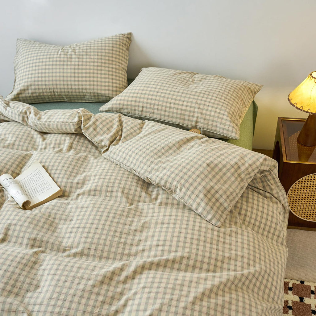 Green Gingham Duvet Cover Set 100% Washed Cotton Grid Duvet Cover Vintage Green Beige Plaid Checkered Bedding