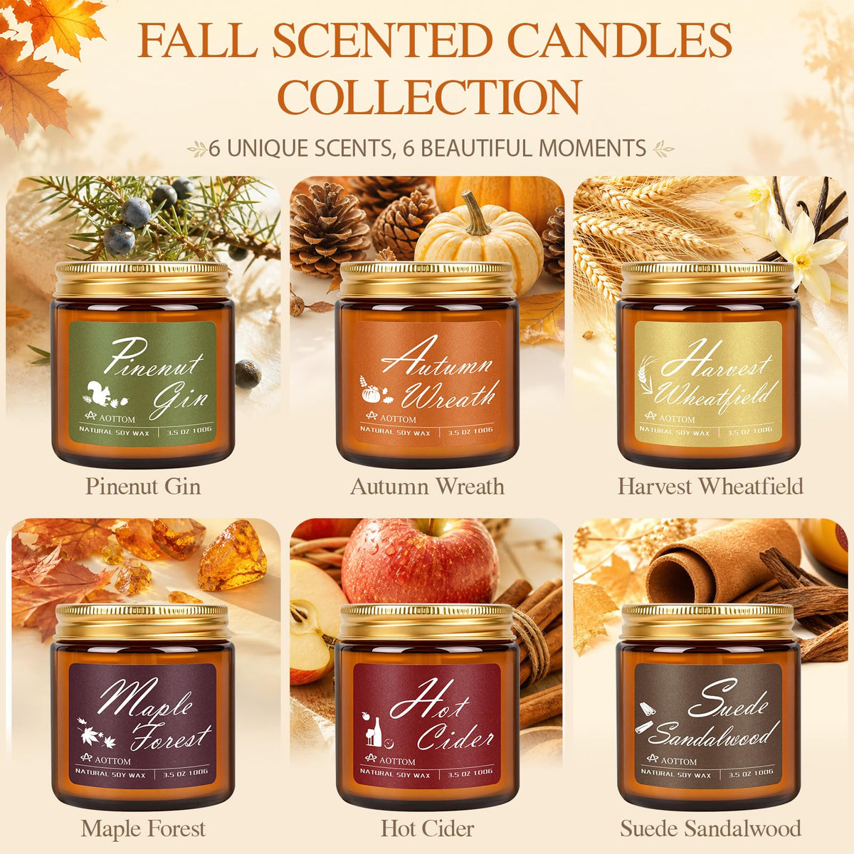 Fall Scented Candles, 6 Pack Fall Candles Scented Natural Soy Wax