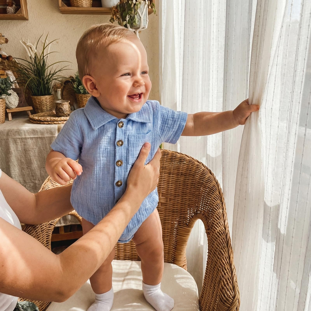 Infant Baby Boy Summer Clothes Muslin Button Up Shirt Bodysuit Short Sleeve Collared Bubble Romper One Piece Outfit