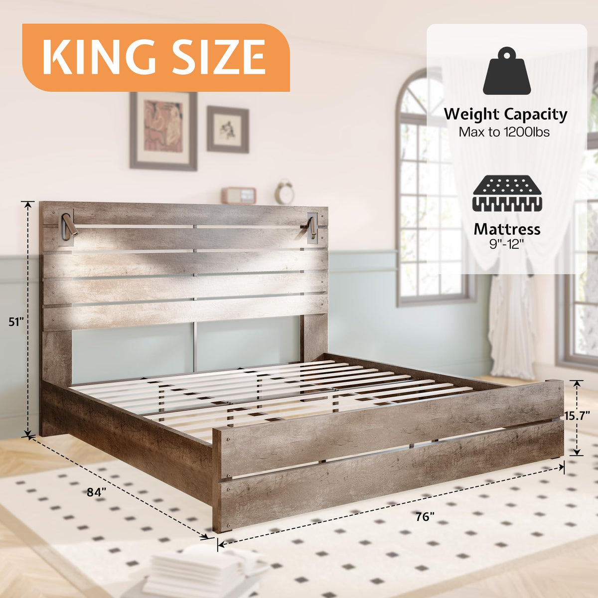 Bed Frame Farmhouse 51" Headboard&Reading Lights, Ash Grey