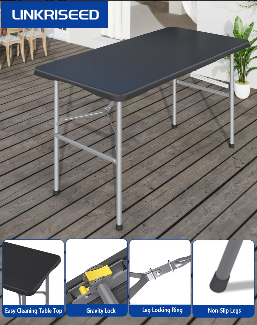 4FT Black Folding Table for Camping, Parties, Meeting, 2 Pack