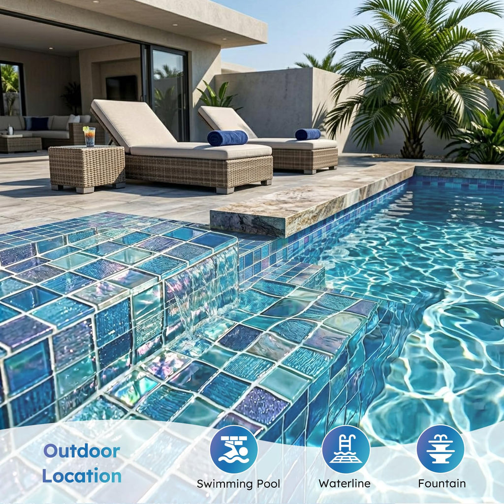 Pool Glass Mosaic Tiles, Iridescent Blue, 2x3 Inch Brick, 5 Sheets