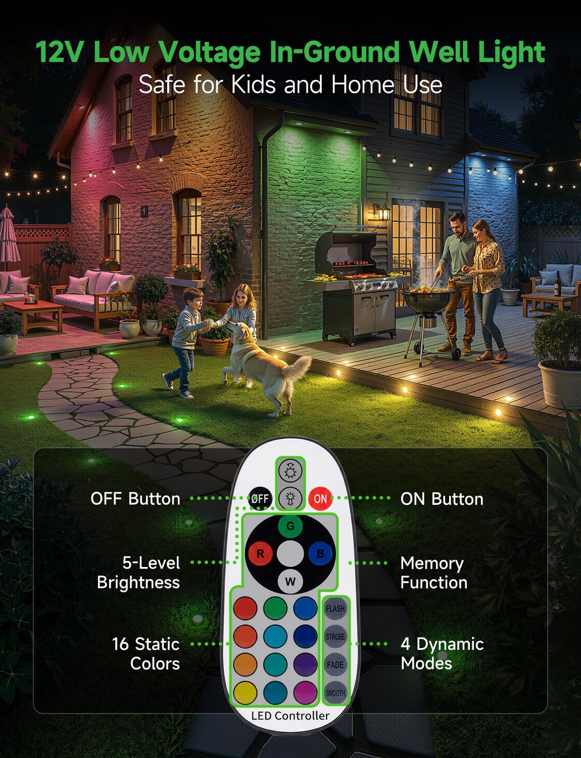 Outdoor In-Ground Lights, 2 Pack Mini 3W 12V Low Voltage Well Lights, Warm White & 16 Colors, IP67 Waterproof