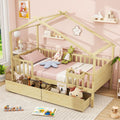 Tw Bed with Drawers, Wooden Bed Frame with Cube Storage & Fence Rails, Montessori Beds for Kids Boys, Girls