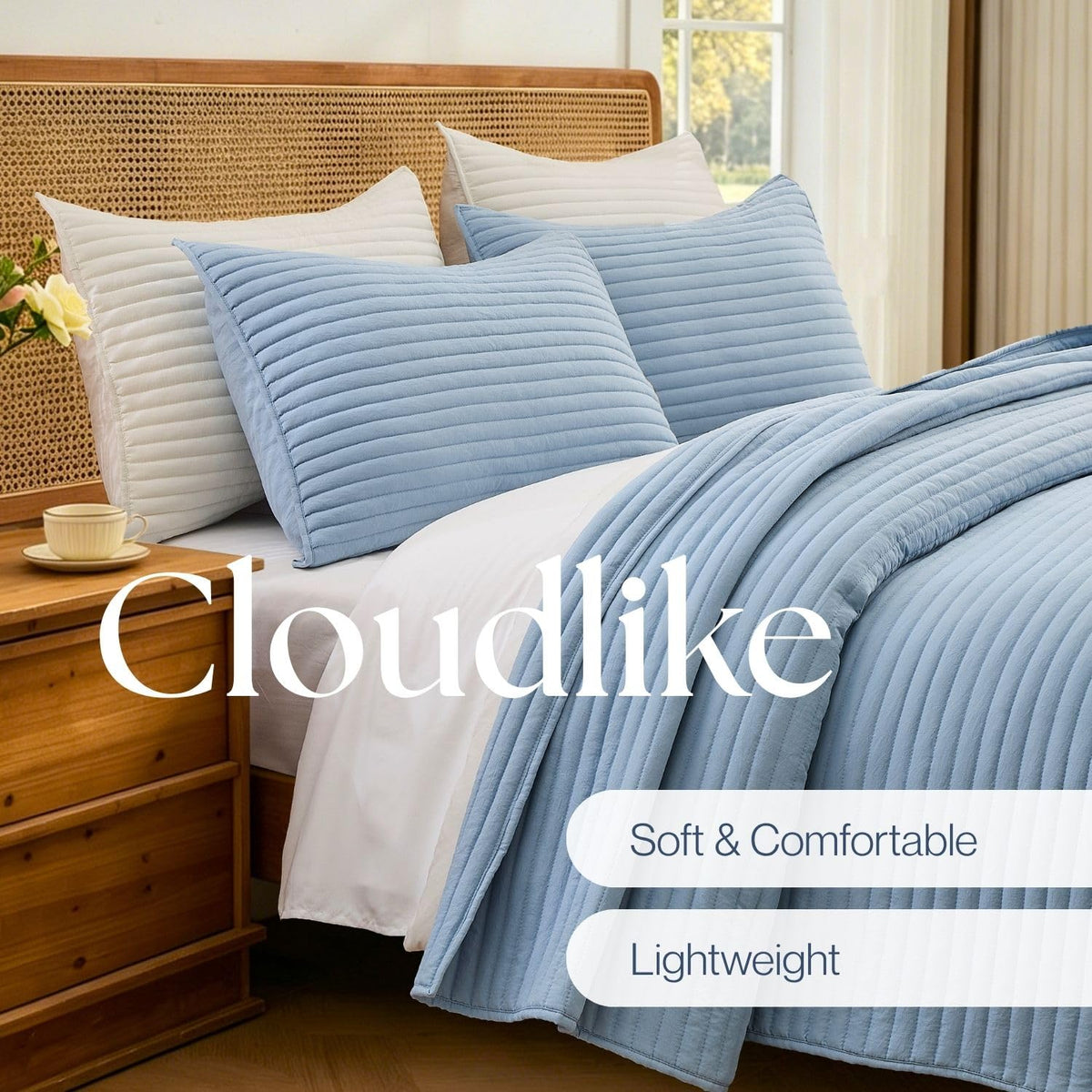Lightweight Microfiber Quilt Set - Pre-Washed Bedding with Stripe Stitching, All-Season Soft Thin Comforter
