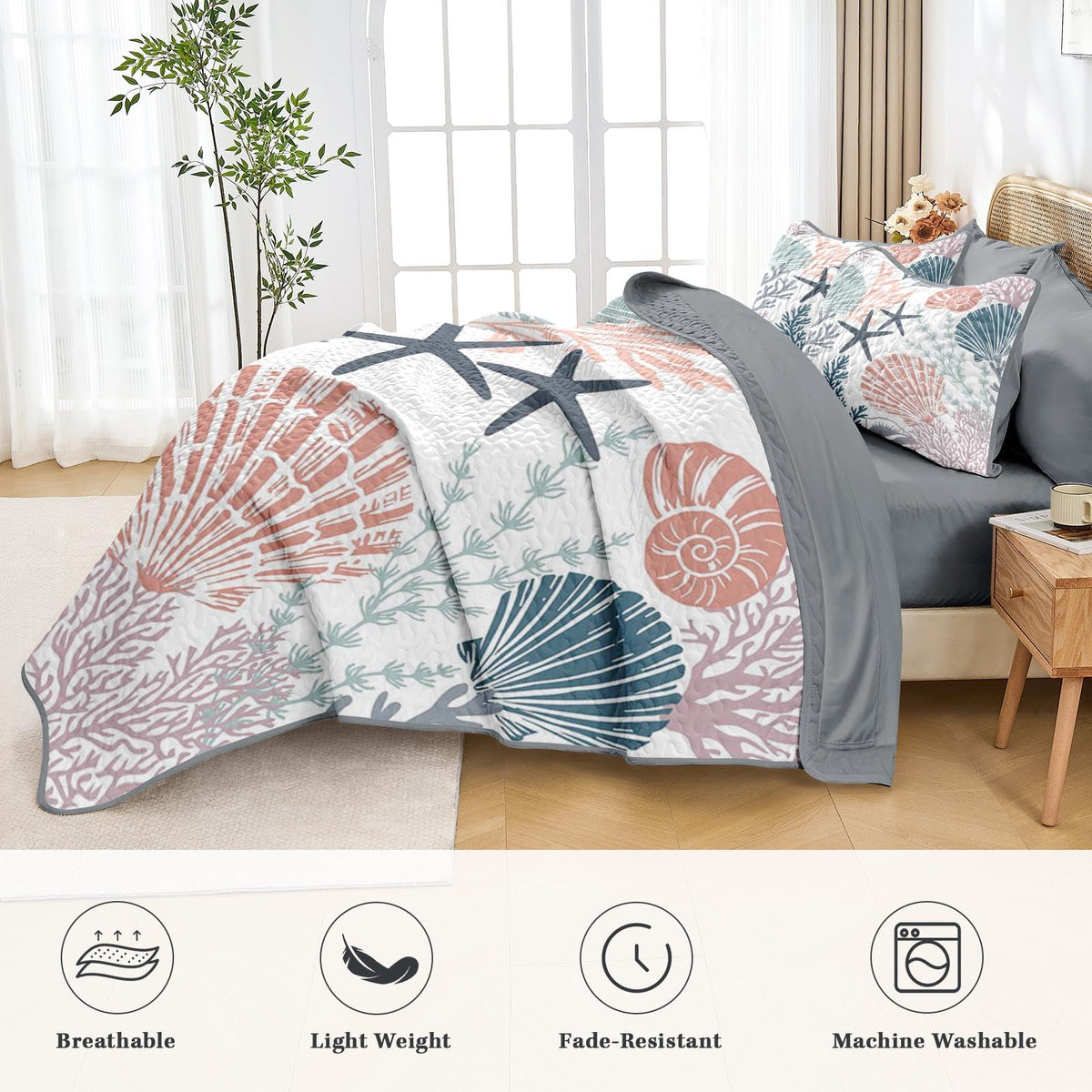 Quilt Set, 7 Pieces Coastal Seashell Bedding, Bedspread