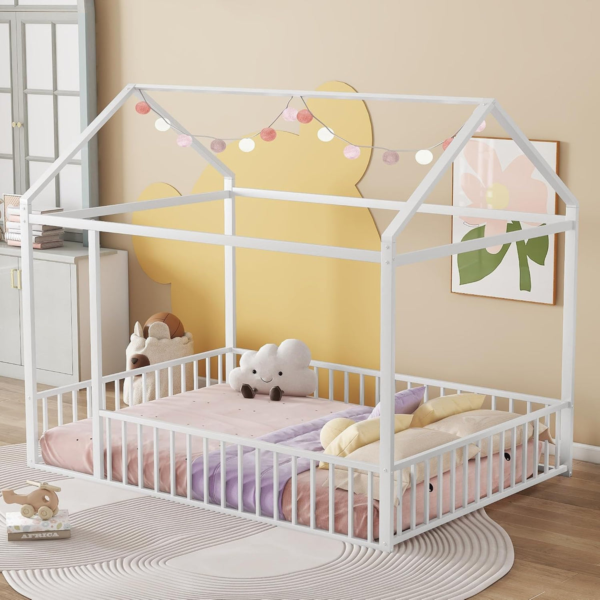 Floor Bed Frame, Metal Montessori Floor Bed with Fence for Boys Girls Bedroom Playhouse for Kids No Slat