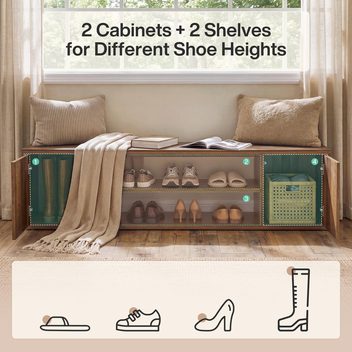 63" Shoe Storage Bench, Farmhouse Entryway Bench with Storage