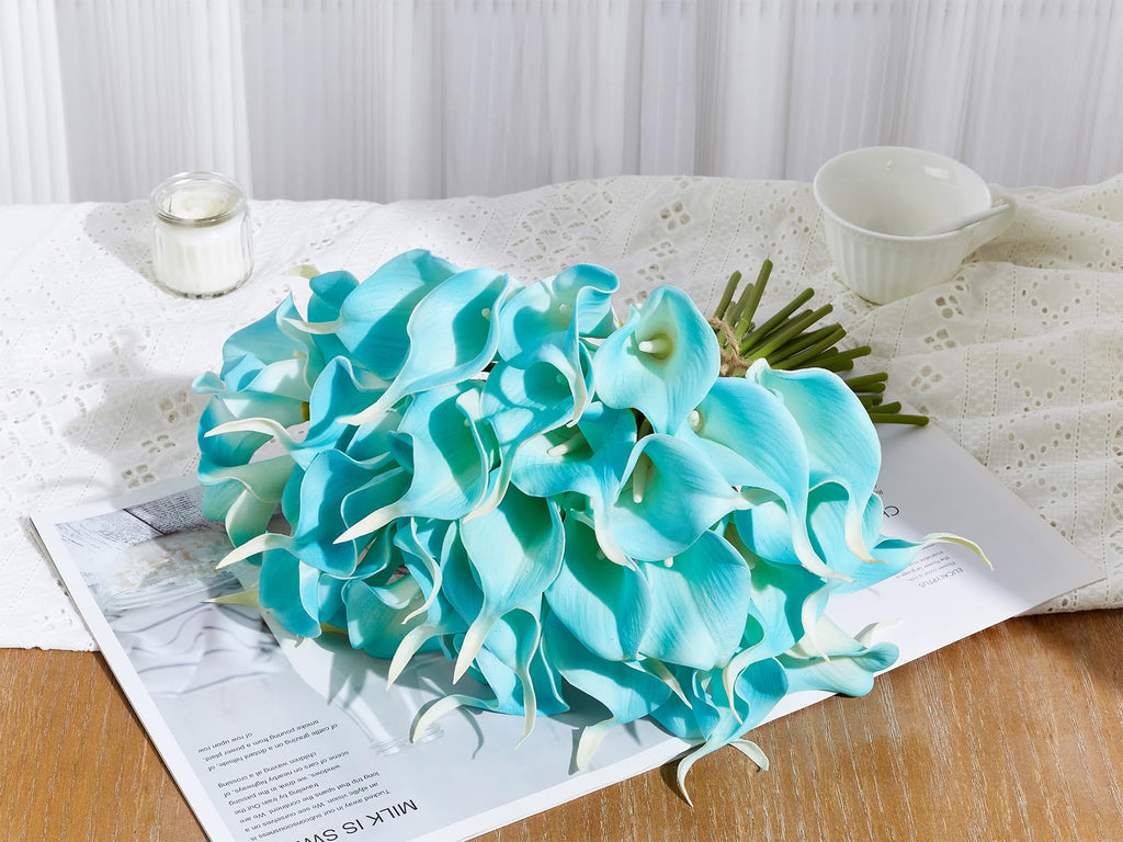 24 Pcs Artificial Calla Lily Peacock Blue Fake Silk Flowers