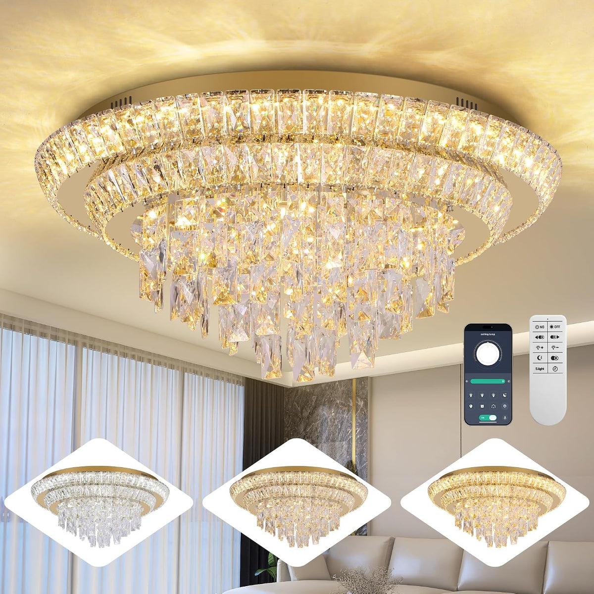 24 Inch Gold Crystal Flush Mount Ceiling Light with Wide Spread