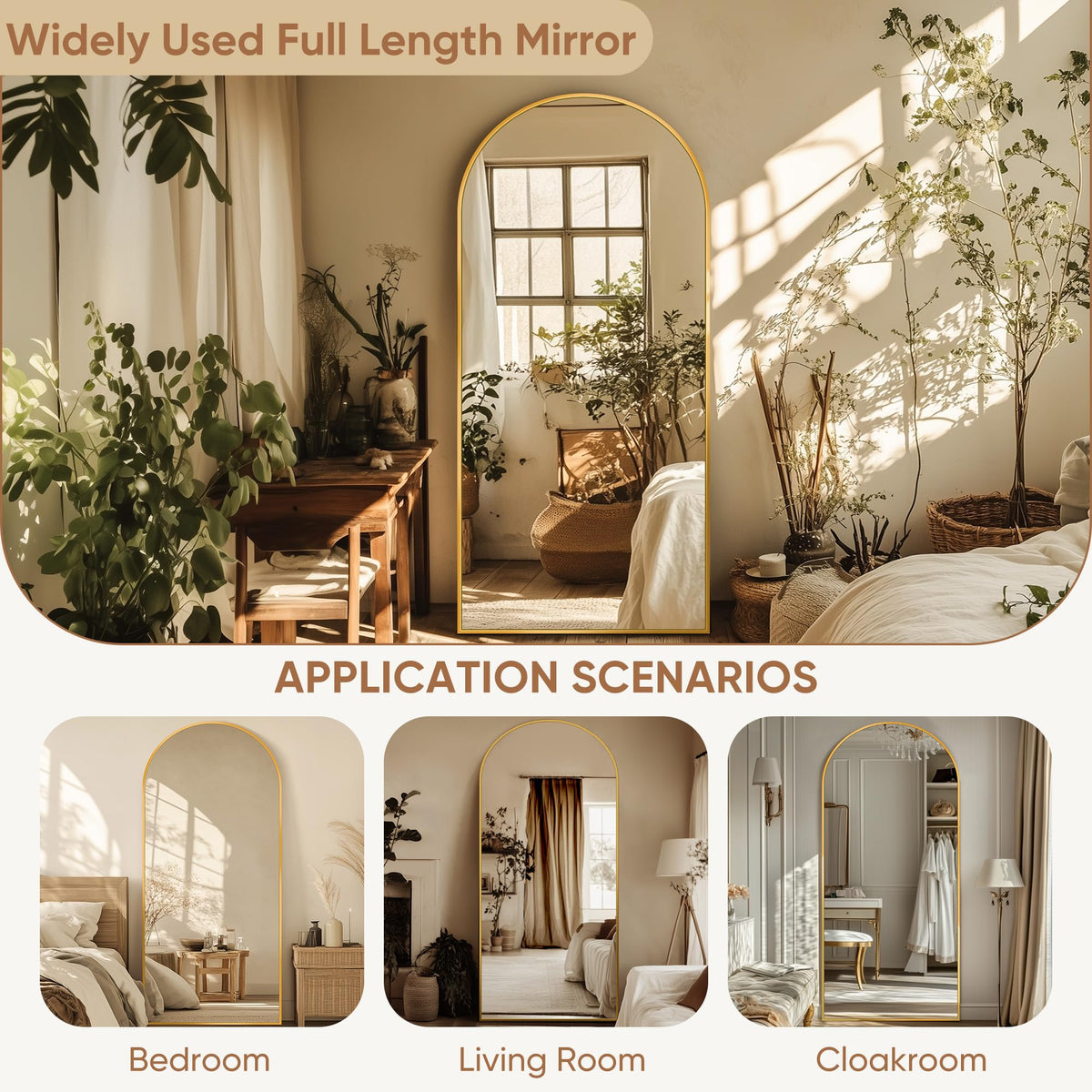 69"x28" Arched Full Length Mirror, Standing Floor Mirror, Gold