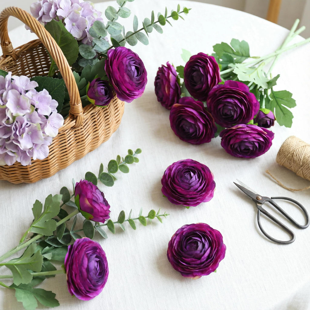 Artificial Ranunculus Flowers Purple, 10 Pack Real Touch Silk, 19 Inch with Blooming Flowers & Buds, Fuzzy Wired Stems