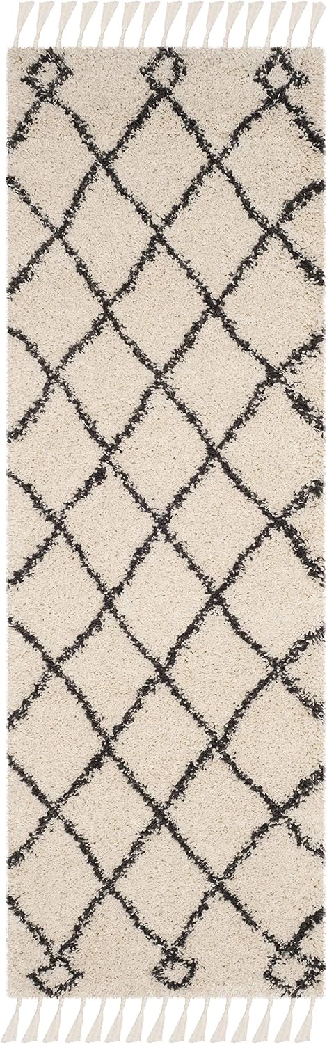 Moroccan Fringe Shag Collection Runner Rug, Cream & Charcoal, Boho Trellis, Non-Shedding & Easy Care