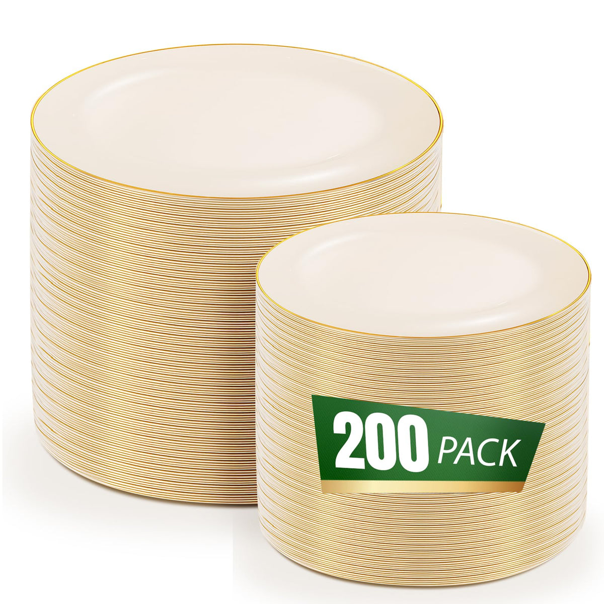 Ivory Plastic Plates with Gold Rim - Heavy Duty Cream Disposable Include 100 Dinner 10 inch & 100 Dessert 7
