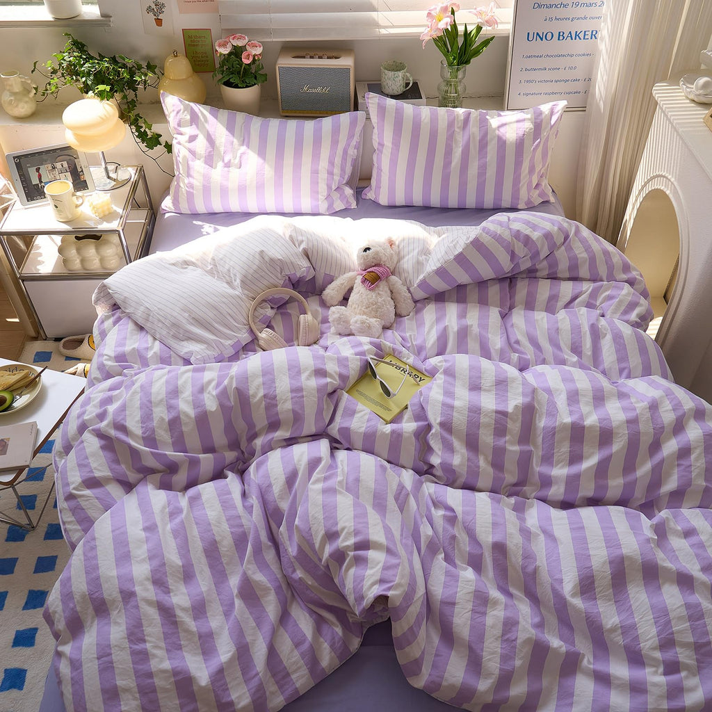 Purple and Beige Striped Duvet Cover Set Twin Size Breathable Soft Jacquard Vintage Stripes Printed Bedding Set 3