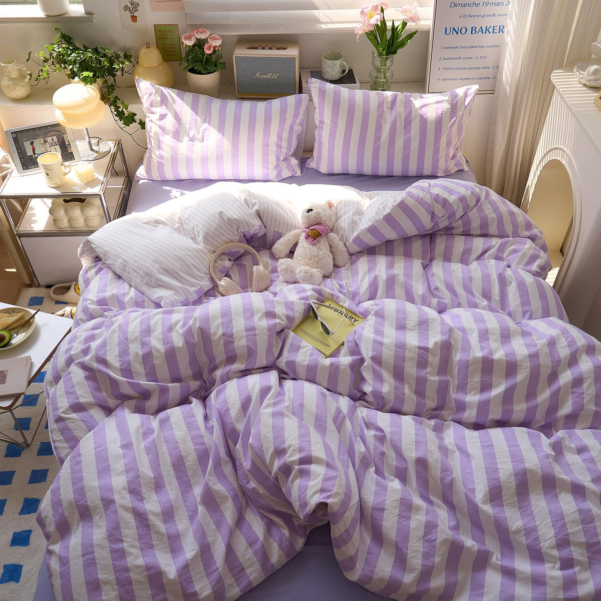 Purple and Beige Striped Duvet Cover Set Twin Size Breathable Soft Jacquard Vintage Stripes Printed Bedding Set 3