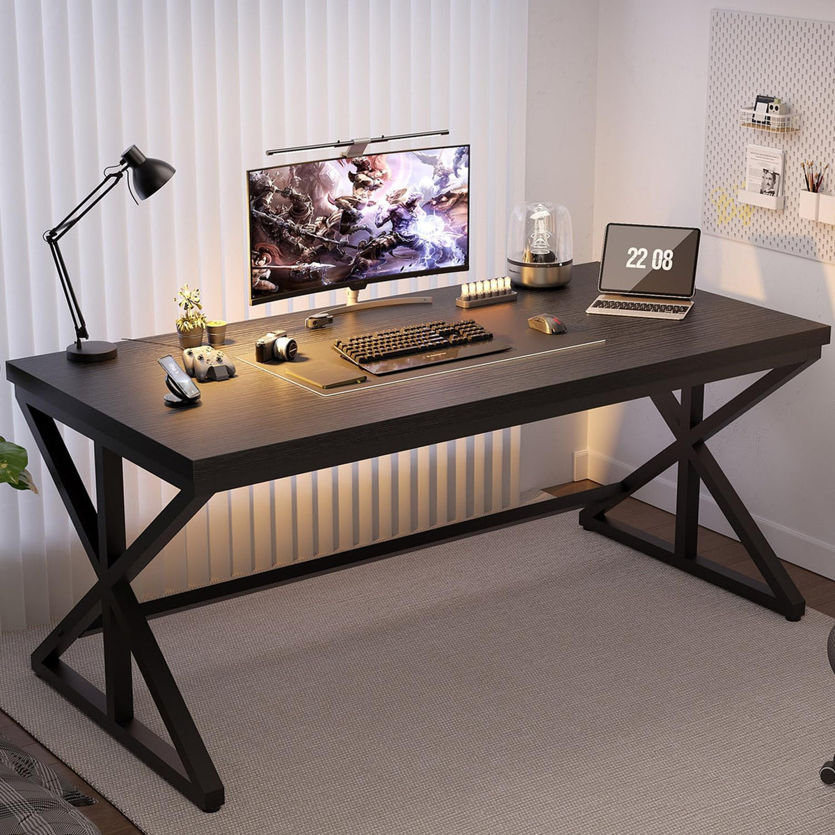 Modern Black Computer Desk, Long Home Office Desk for Study 60 Inch | Large Simple Wood Metal Work Writing Desk , Oak