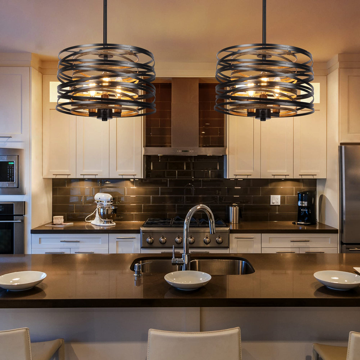 12.6'' Farmhouse Chandeliers, 3-Light Industrial Metal Hanging Light Fixture, Rustic Drum Pendant Light Kitchen