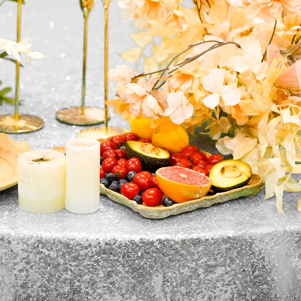 Silver Sequin Tablecloth, 120 Inch Round Glitter Table Cover