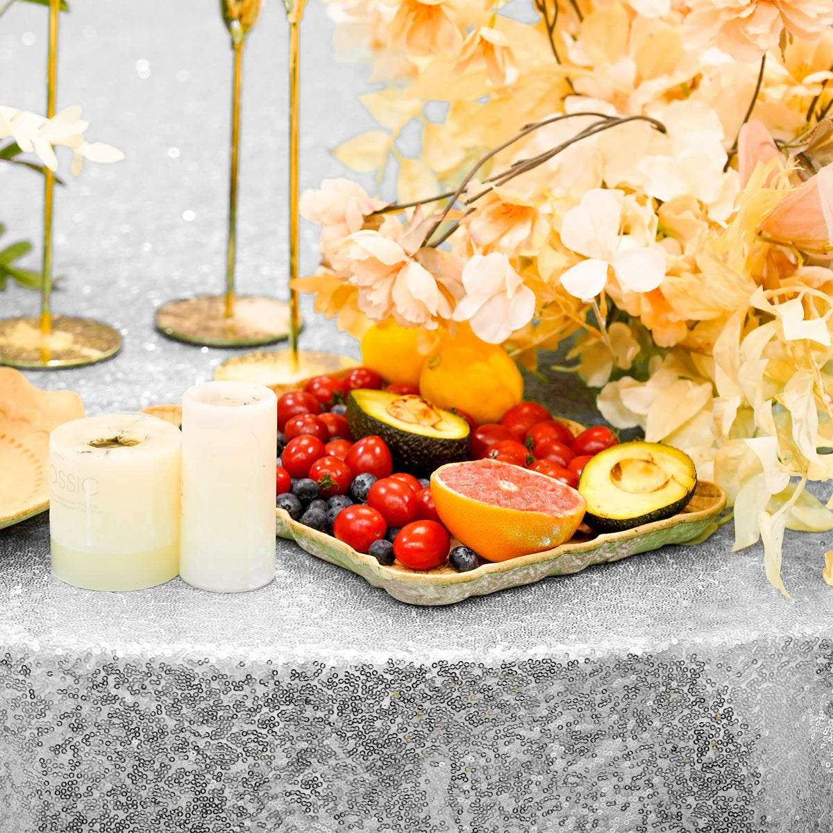 Silver Sequin Tablecloth, 120 Inch Round Glitter Table Cover